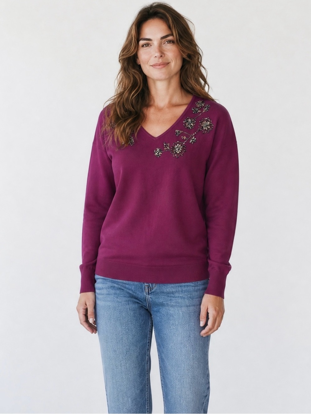 Chico's Plum V-Neck Sweater With Beaded Floral Accent Size 4 US XXL